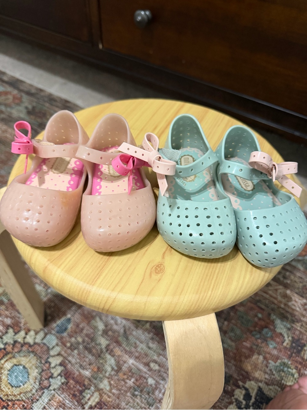 Mini Melissa Girls' Perforated Mary Jane Sandals in Blush Pink and Mint bundle